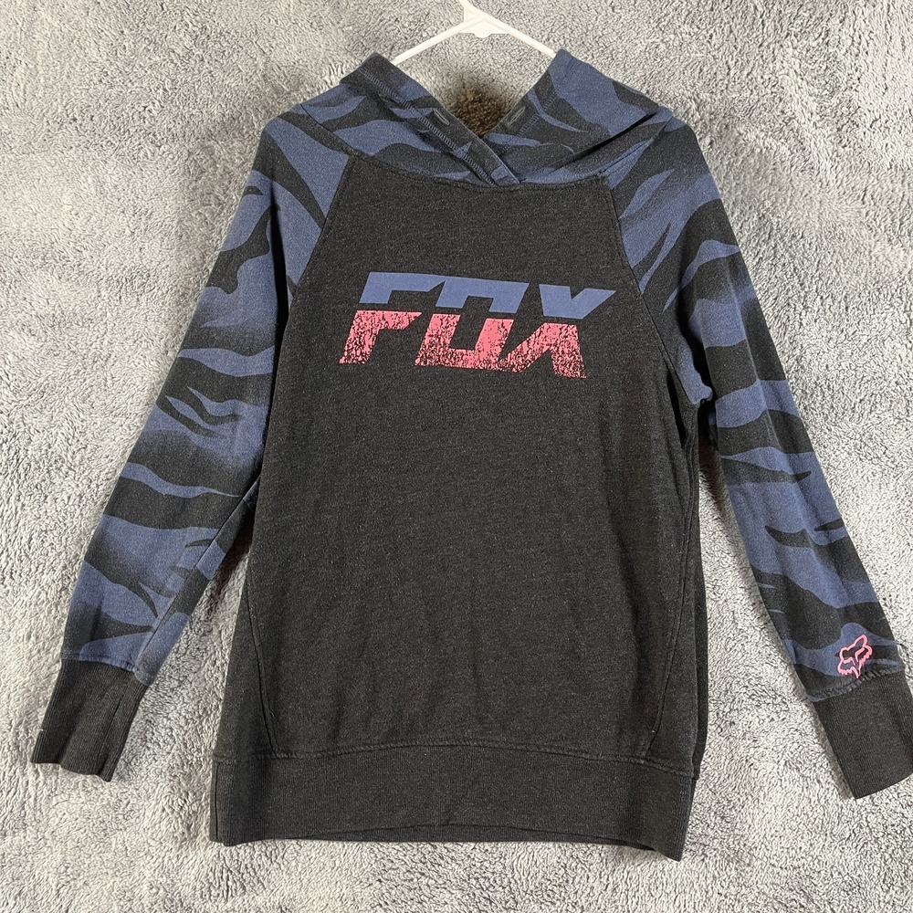 Fox Racing Hoodie Womens S Blue Graphic Logo Fleece Lined Camo Sleeve Pullover